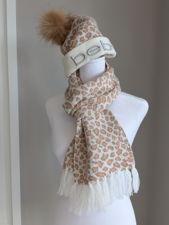 bebe Accessories - bebe Ladies Leopard Knit Hat & Scarf Set in Beige/Pink